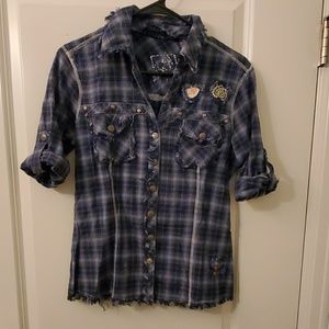 Distressed Plaid Collared Top